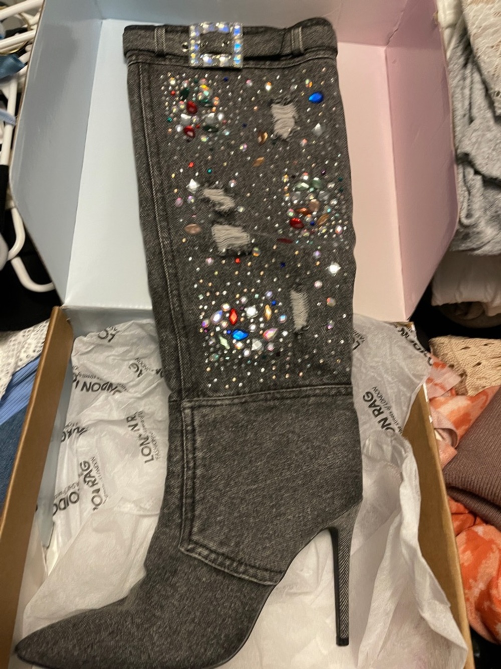 London Rag Gray Embellished Knee-High Stiletto Boot with Gem Accents